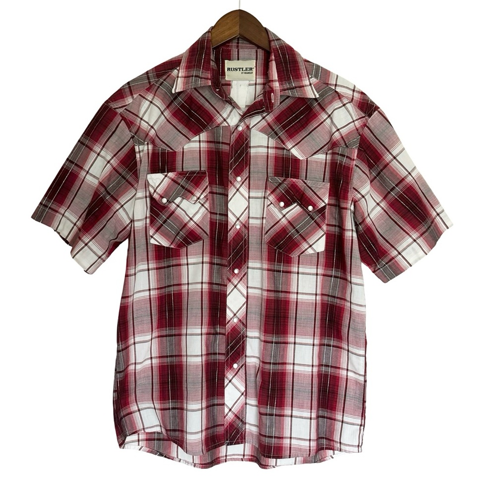 Rustler By Wrangler Shirt Mens Medium Large Red Plaid Pearl Snap Short Sleeve